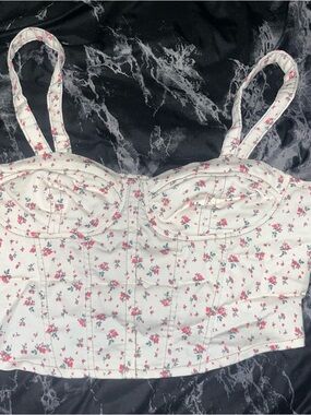 No boundaries Floral Bustier Crop Top - White with Pink Rose Print size medium